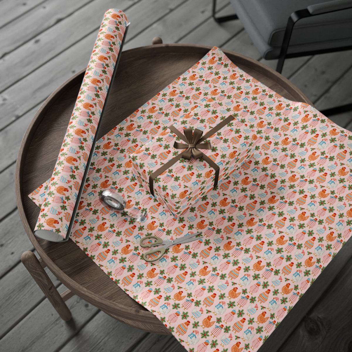 Christmas Chicken Wrapping Paper, Pink Holiday Gift Wrap with Chickens in Sweaters, Cute Farmhouse Christmas Paper
