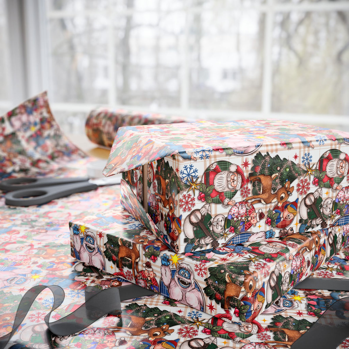 Rudolph Christmas Wrapping Paper, Bumble, Santa & Misfit Toys, Nostalgic Holiday Character Gift Wrap