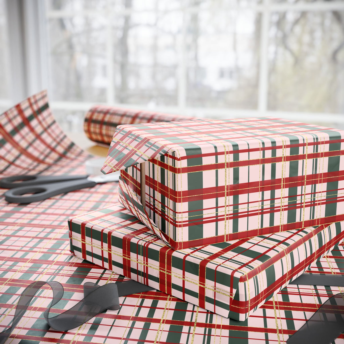 Pink Christmas Plaid Wrapping Paper, Red & Green Tartan with Faux Gold Glitter, Classic Holiday Gift Wrap