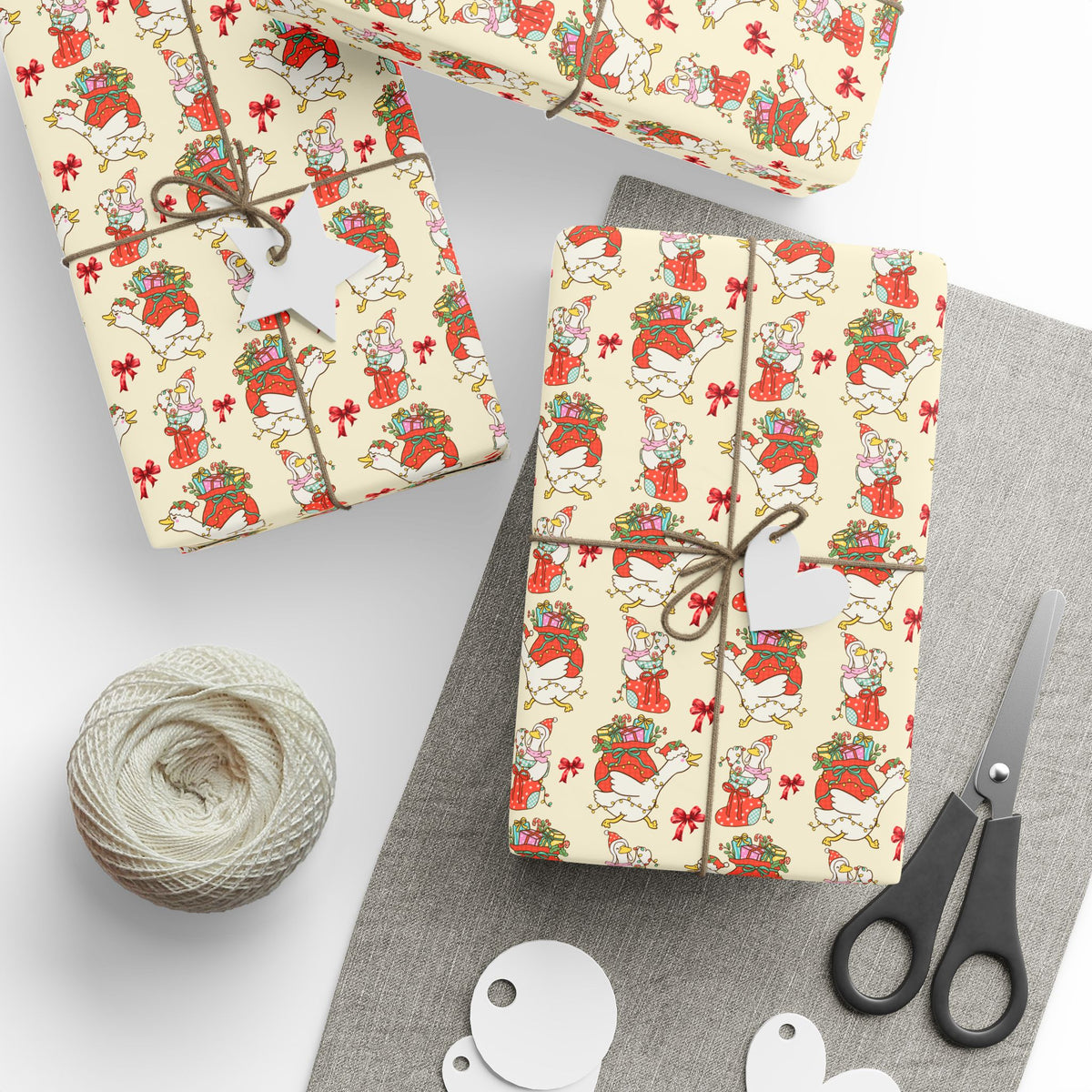 Christmas Goose Wrapping Paper, Cute Geese with Santa Hats, Presents & Red Bows, Whimsical Holiday Gift Wrap