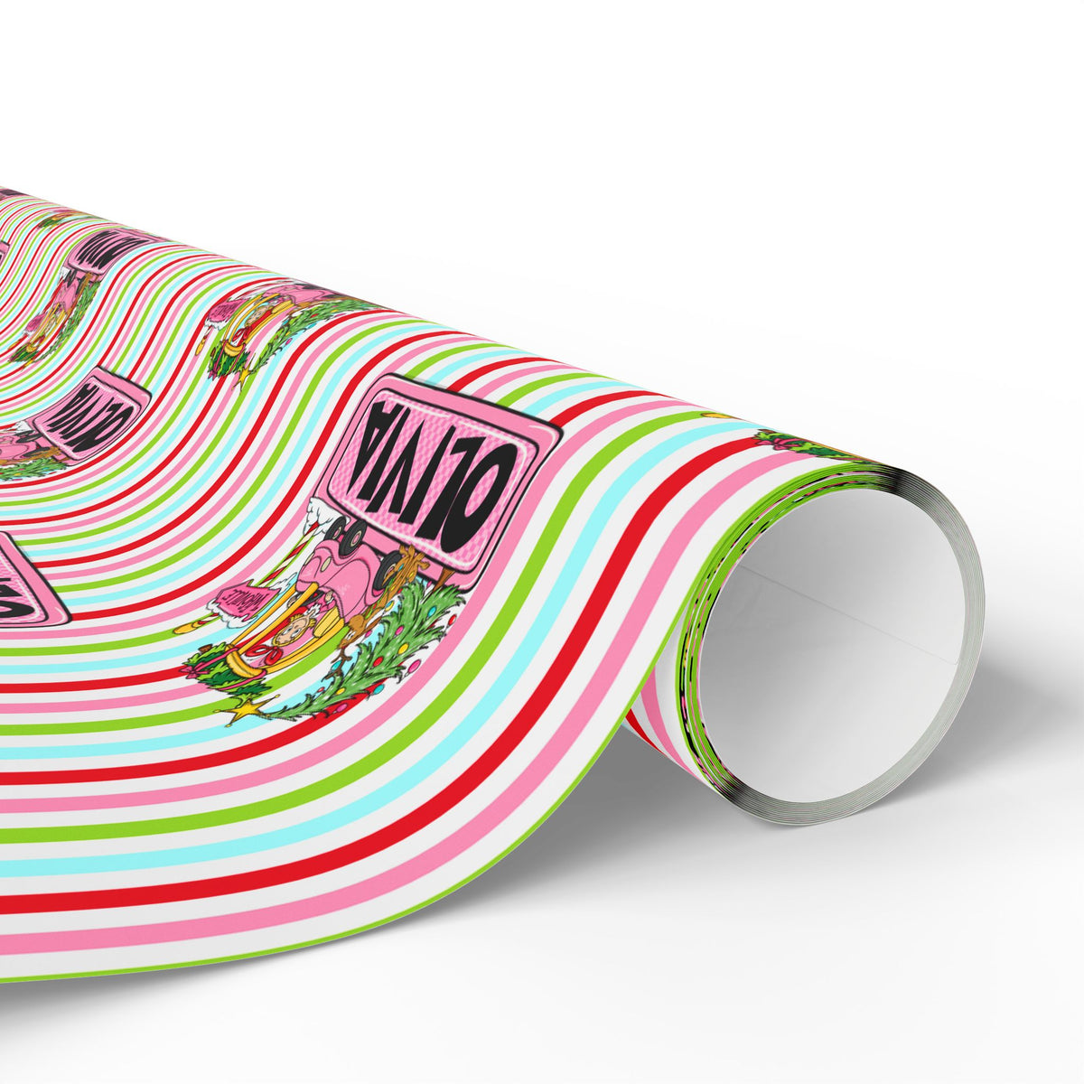 Merry Lou Who Custom Christmas Wrapping Paper, Custom Name Pink Striped Whoville Holiday Gift Wrap