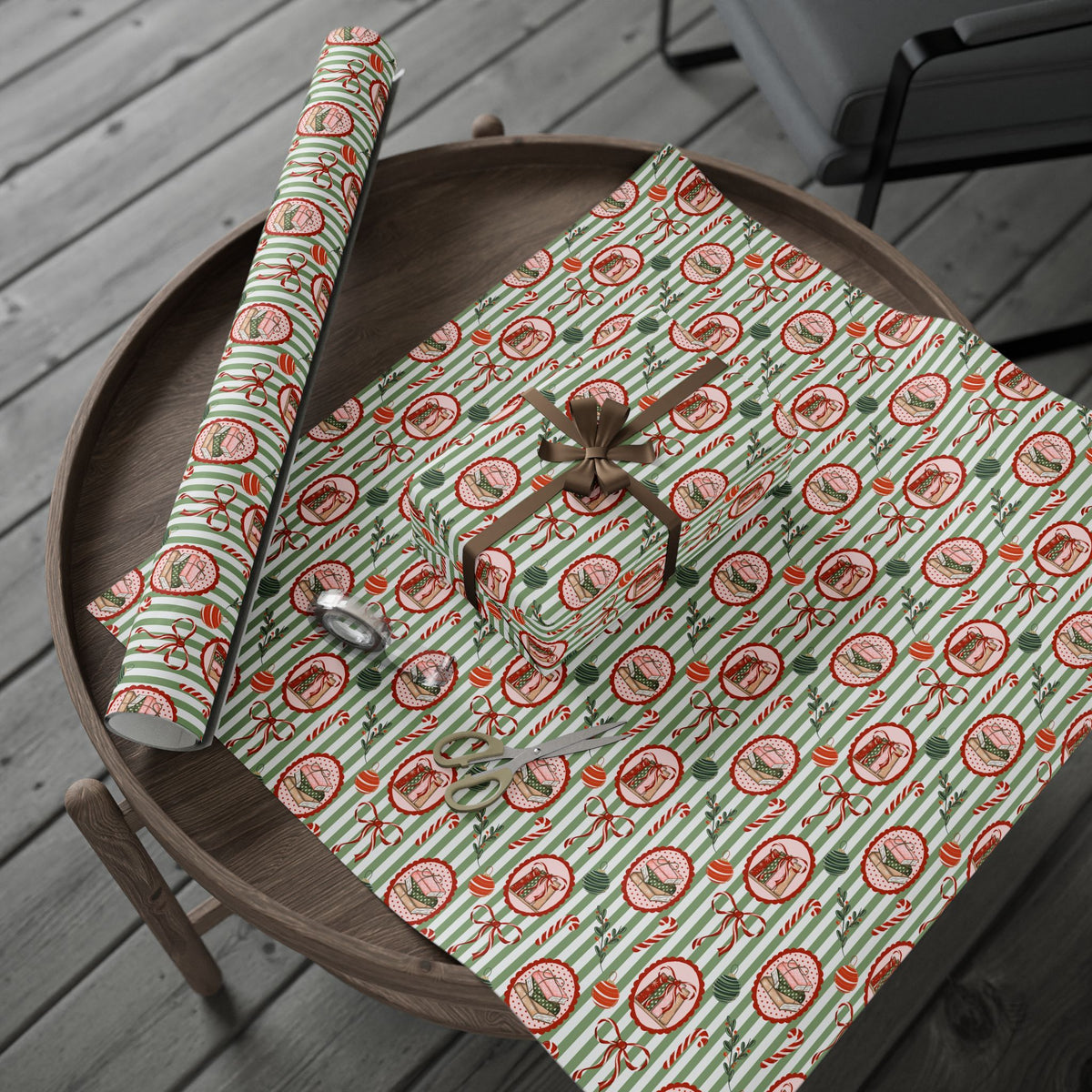 Book Lover Christmas Wrapping Paper, Sage Green Stripes, Festive Books & Bows, Bookish Holiday Gift Wrap