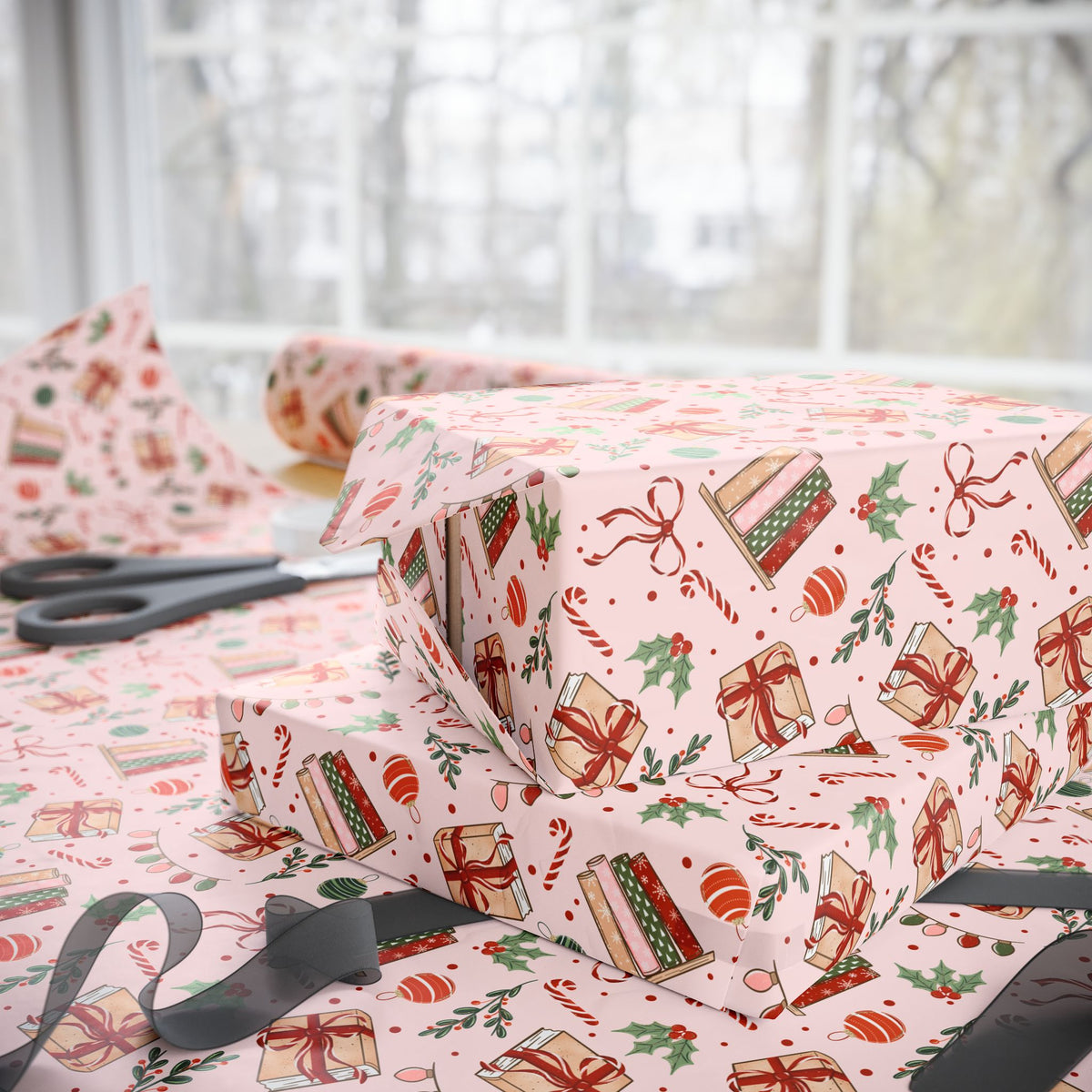 Pink Bookish Christmas Wrapping Paper, Holiday Books, Bows & Christmas Lights, Gift Wrap for Book Lovers