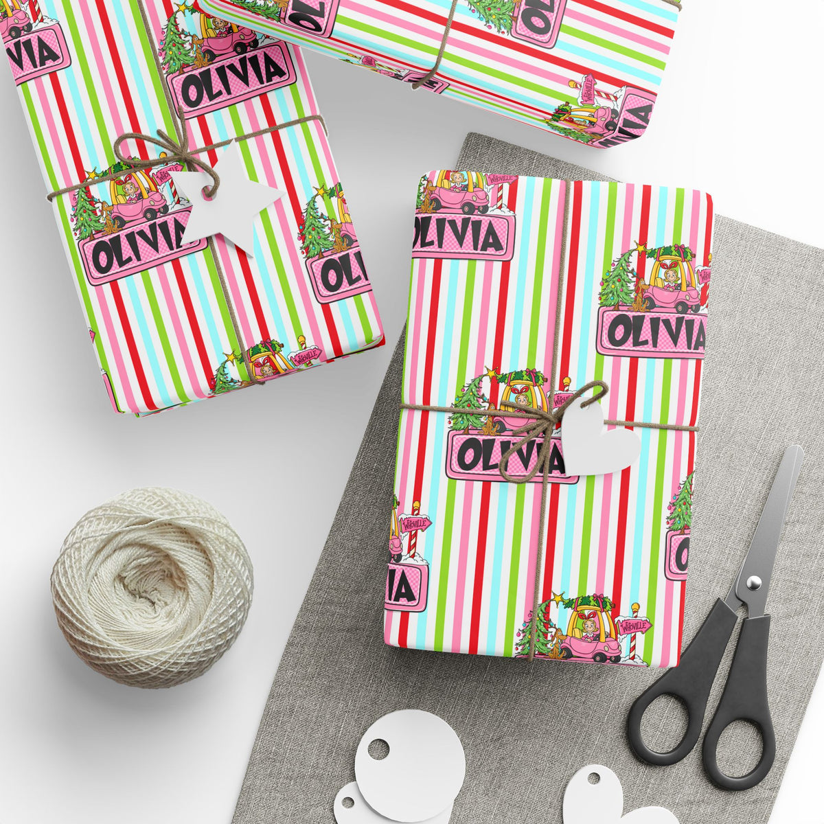 Merry Lou Who Custom Christmas Wrapping Paper, Custom Name Pink Striped Whoville Holiday Gift Wrap