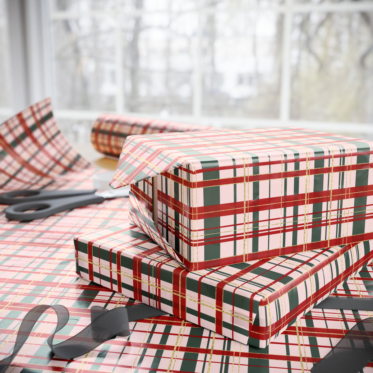 Pink Christmas Plaid Wrapping Paper, Red & Green Tartan with Faux Gold Glitter, Classic Holiday Gift Wrap