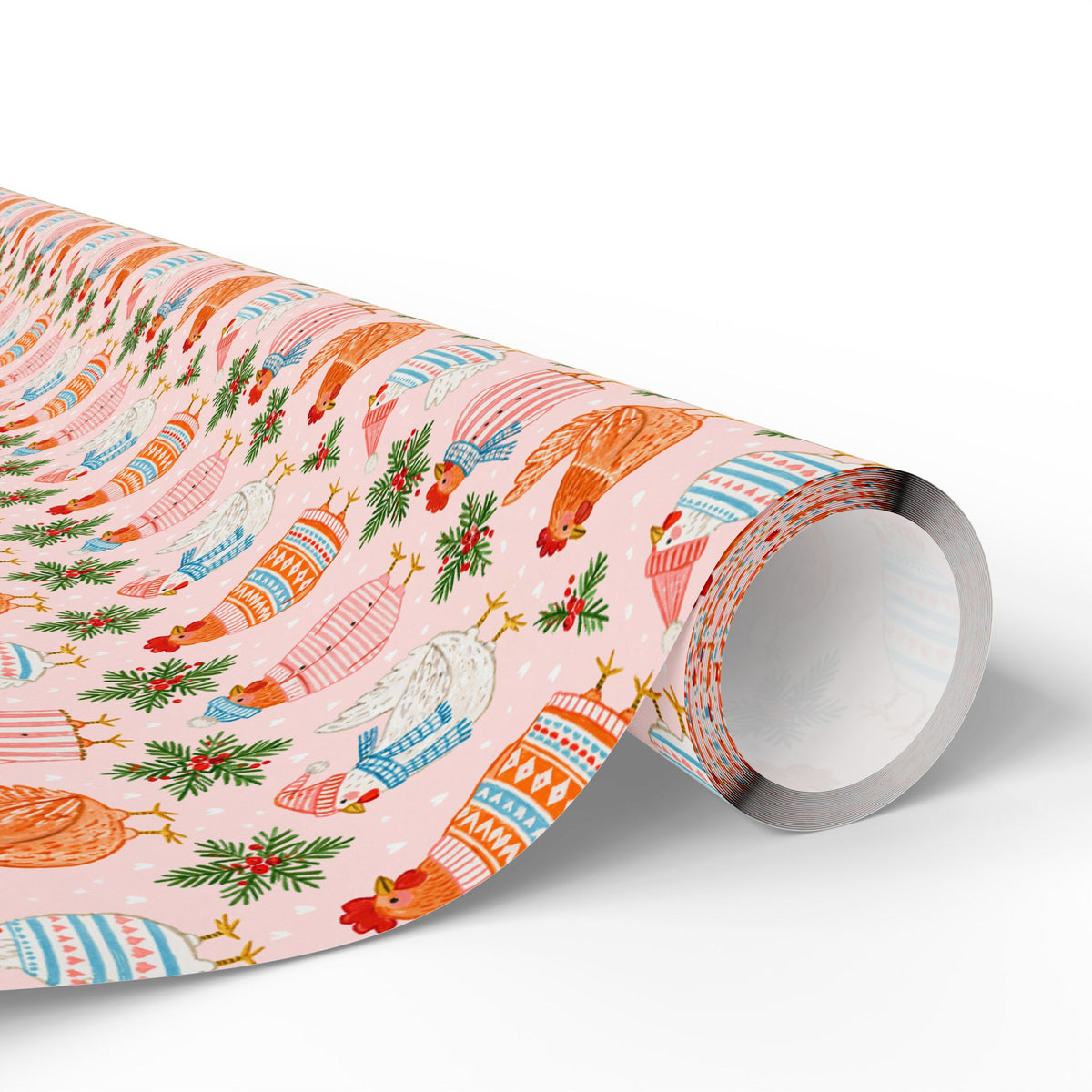 Christmas Chicken Wrapping Paper, Pink Holiday Gift Wrap with Chickens in Sweaters, Cute Farmhouse Christmas Paper