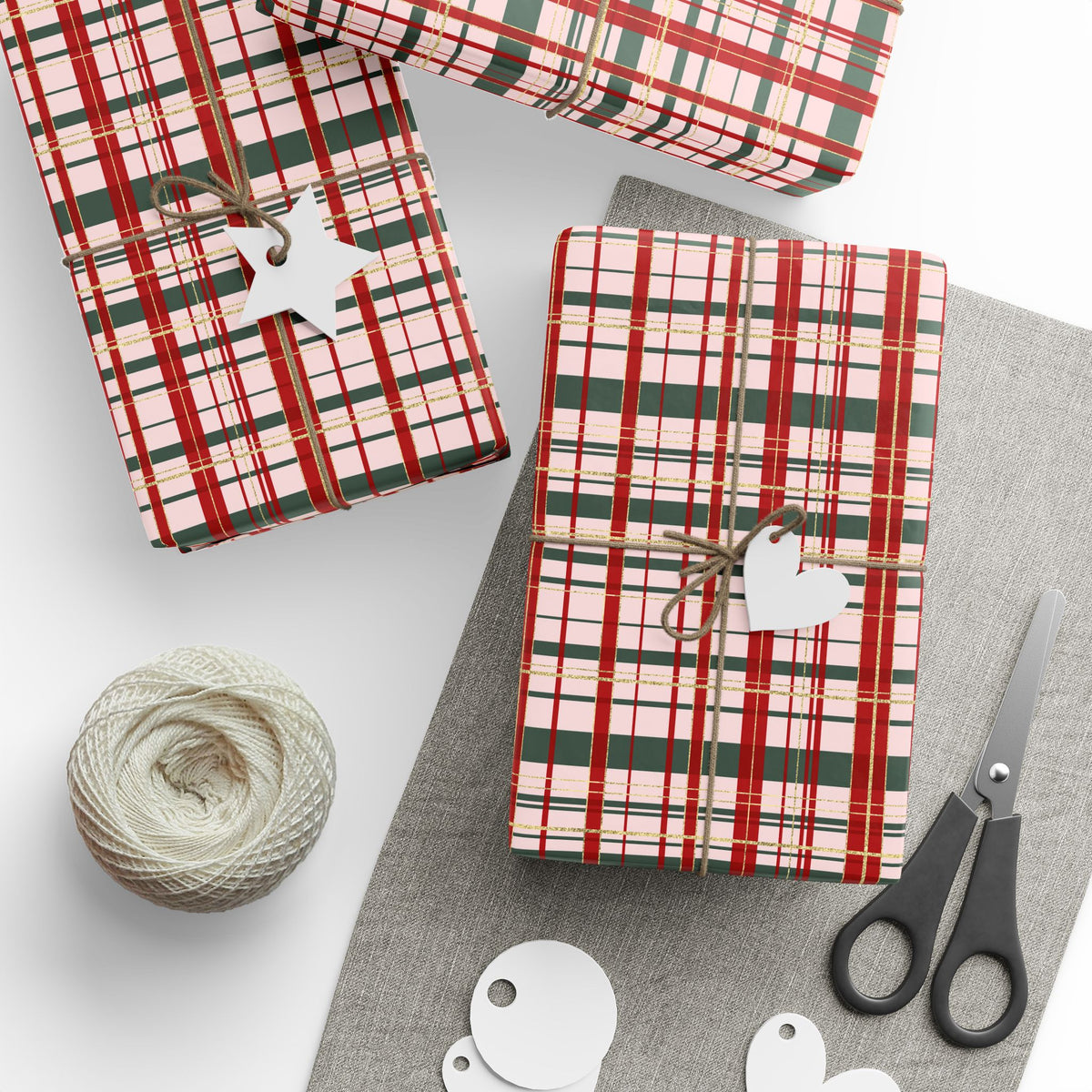 Pink Christmas Plaid Wrapping Paper, Red & Green Tartan with Faux Gold Glitter, Classic Holiday Gift Wrap