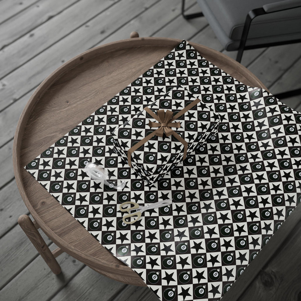 8 Ball Christmas Wrapping Paper, Black & White Ornament Gift Wrap, Stars & Diamonds, Billiards Holiday Paper