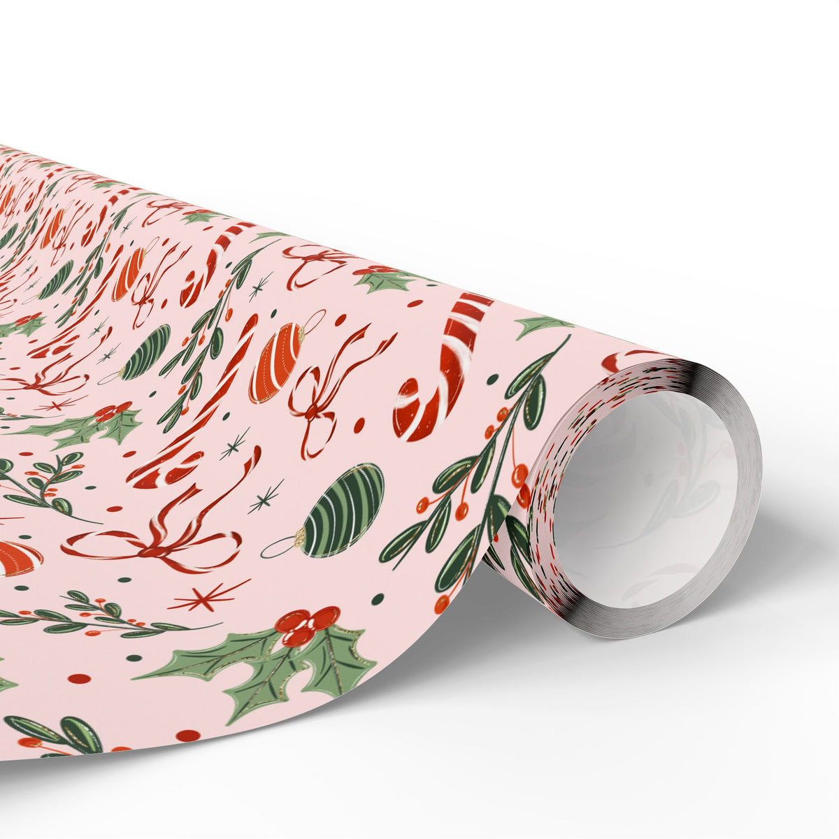 Pink Christmas Wrapping Paper, Candy Canes, Ornaments & Red Bows, Vintage-Inspired Holiday Gift Wrap