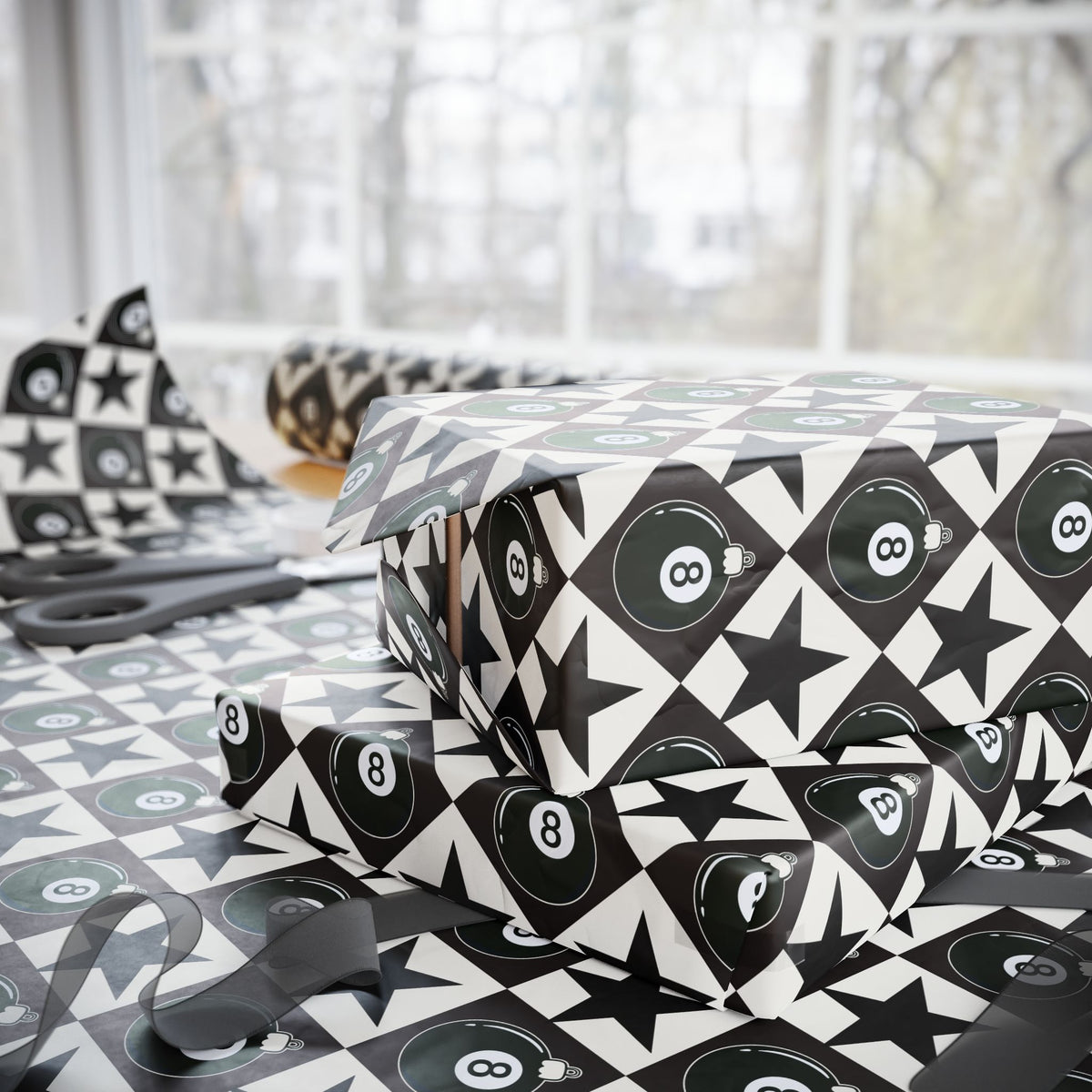 8 Ball Christmas Wrapping Paper, Black & White Ornament Gift Wrap, Stars & Diamonds, Billiards Holiday Paper