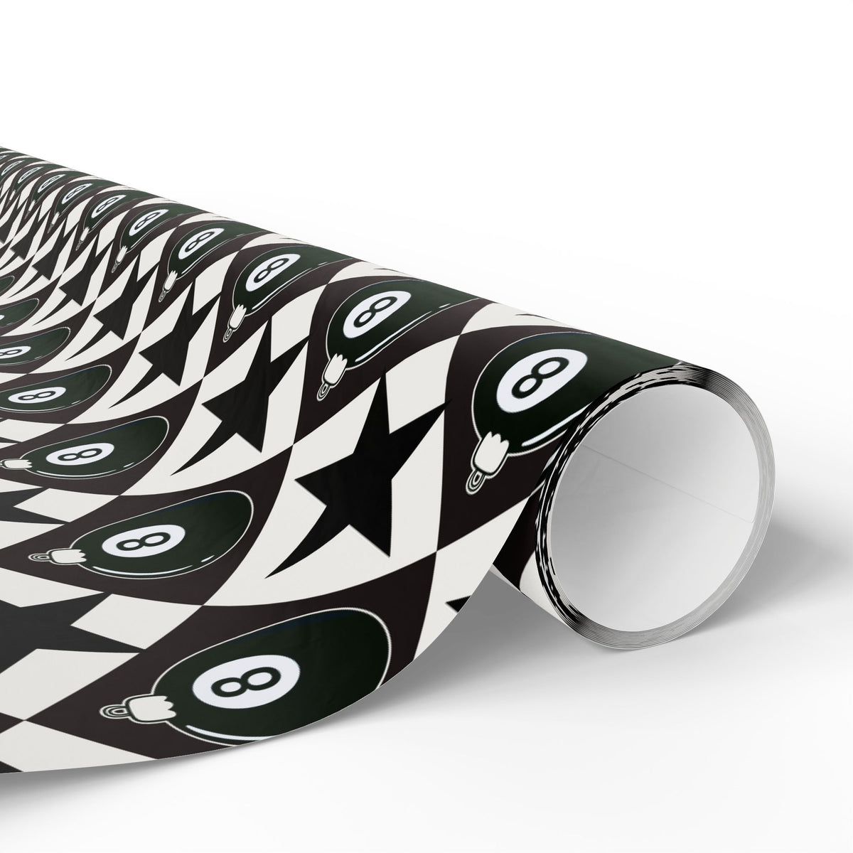 8 Ball Christmas Wrapping Paper, Black & White Ornament Gift Wrap, Stars & Diamonds, Billiards Holiday Paper