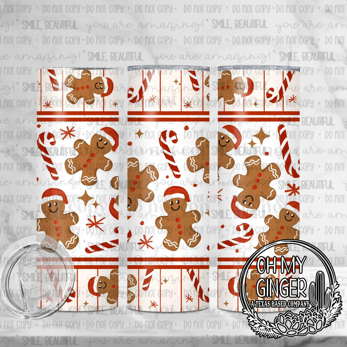 Gingerbread & Candy Canes Skinny Tumbler — gingerbread people, candy canes and warm brown holiday lettering