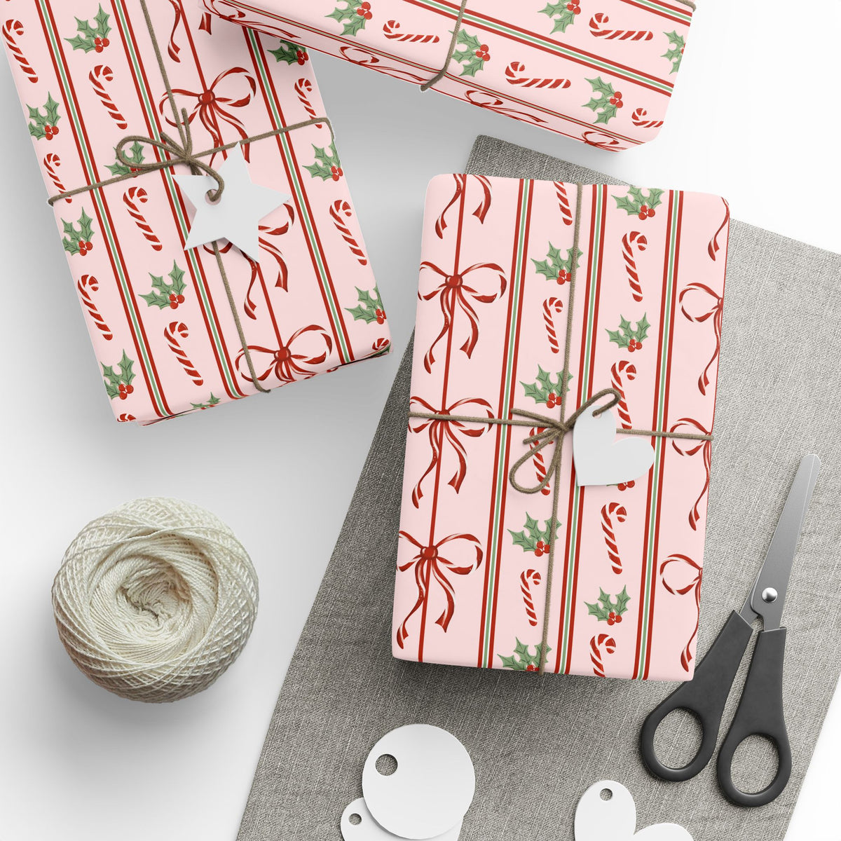 Pink Candy Cane Christmas Wrapping Paper, Red Bows & Holly, Striped Coquette Holiday Gift Wrap