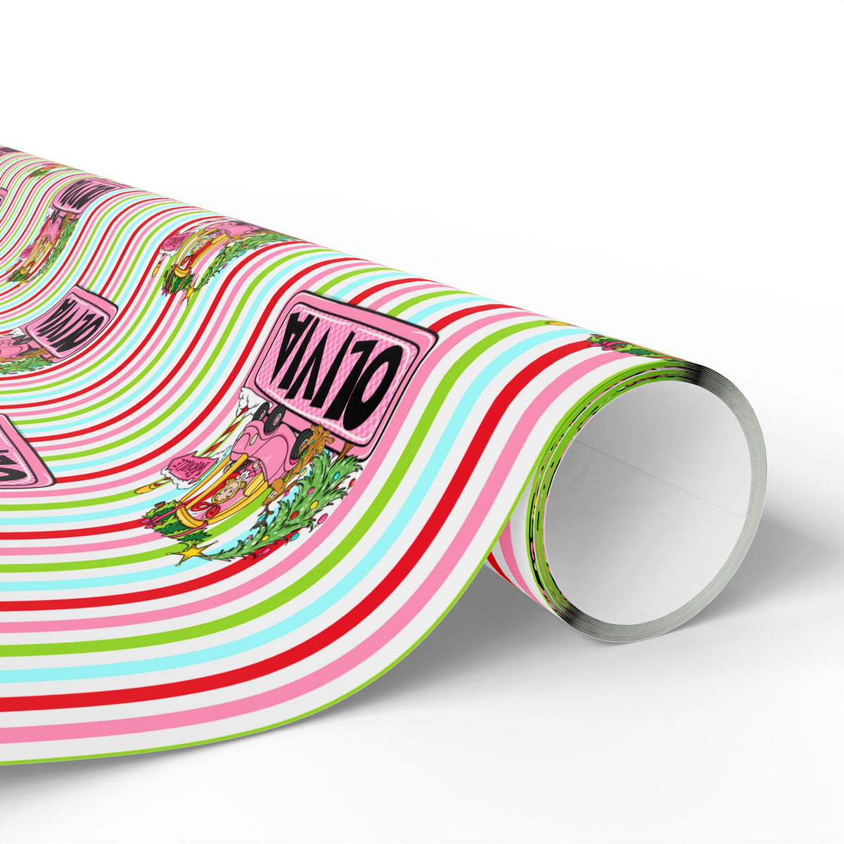 Merry Lou Who Custom Christmas Wrapping Paper, Custom Name Pink Striped Whoville Holiday Gift Wrap