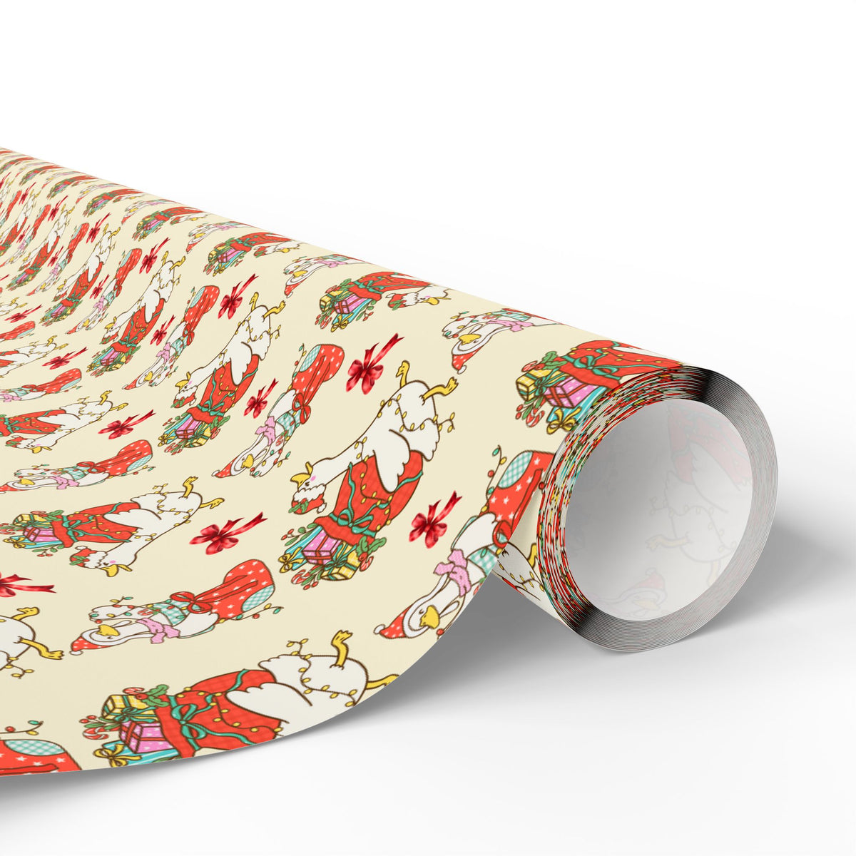 Christmas Goose Wrapping Paper, Cute Geese with Santa Hats, Presents & Red Bows, Whimsical Holiday Gift Wrap