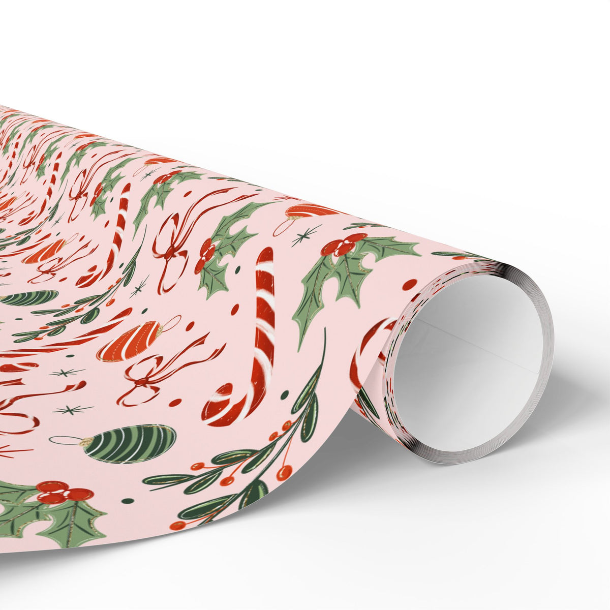 Pink Christmas Wrapping Paper, Candy Canes, Ornaments & Red Bows, Vintage-Inspired Holiday Gift Wrap