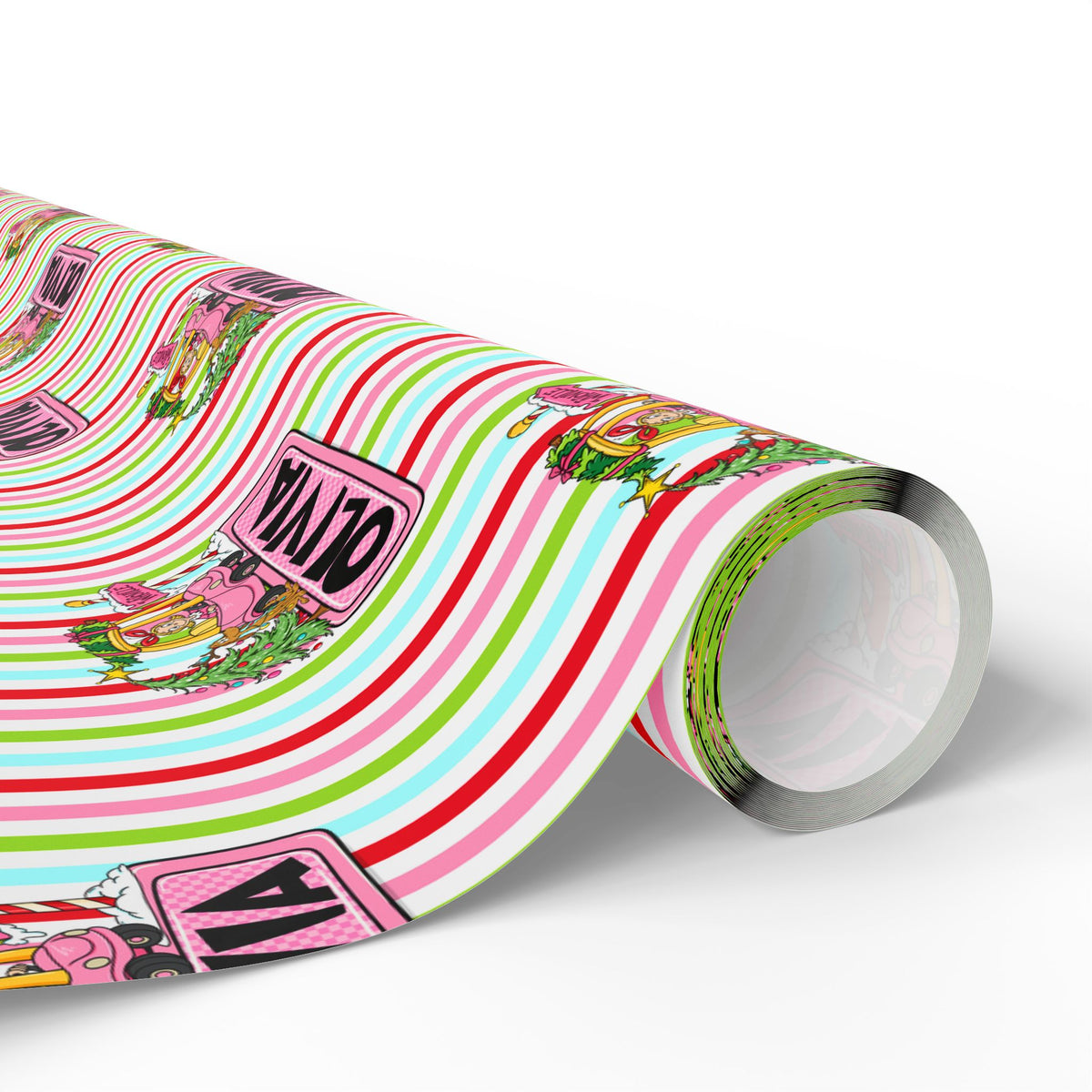 Merry Lou Who Custom Christmas Wrapping Paper, Custom Name Pink Striped Whoville Holiday Gift Wrap