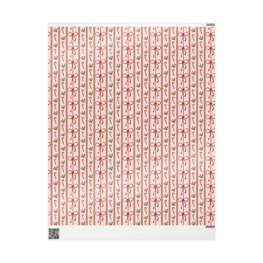 Pink Candy Cane Christmas Wrapping Paper, Red Bows & Holly, Striped Coquette Holiday Gift Wrap