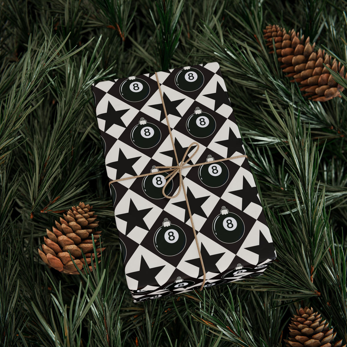 8 Ball Christmas Wrapping Paper, Black & White Ornament Gift Wrap, Stars & Diamonds, Billiards Holiday Paper