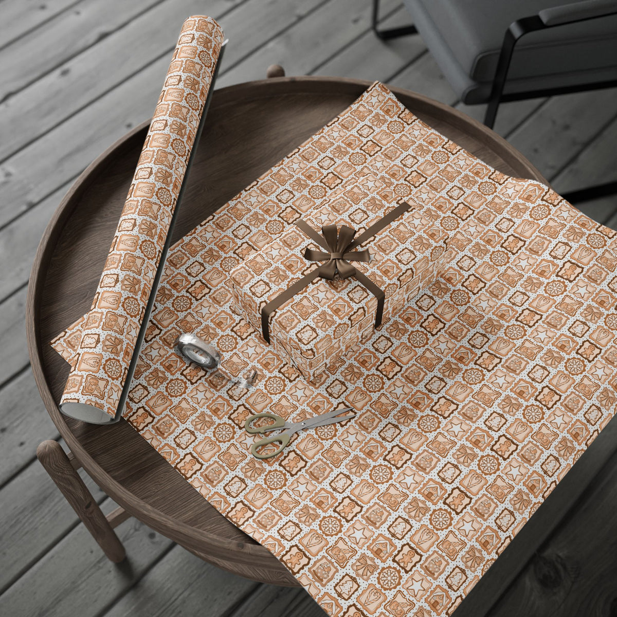 Gingerbread Christmas Wrapping Paper, Neutral Brown Cookie Frames, Bows & Hot Cocoa, Cozy Holiday Gift Wrap