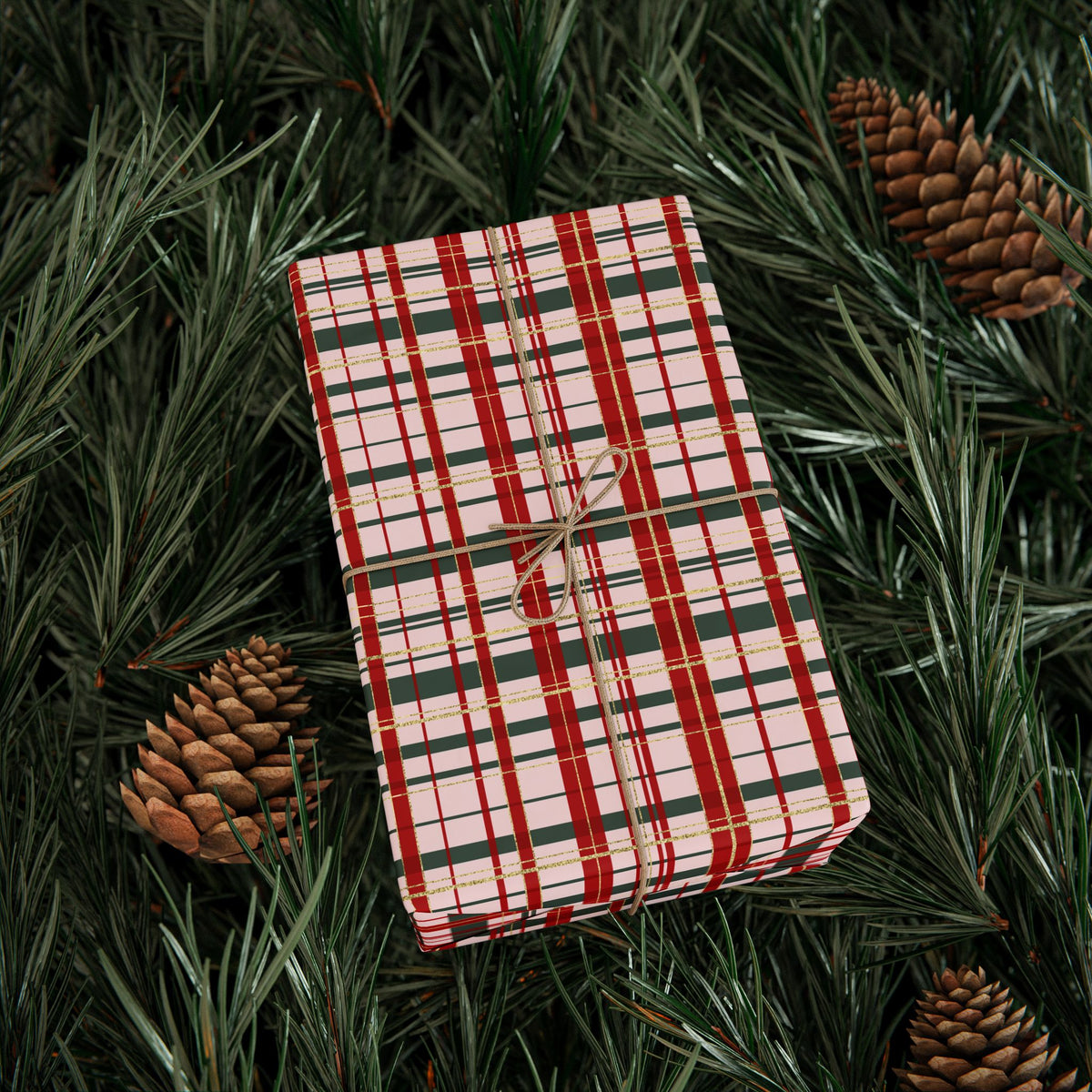 Pink Christmas Plaid Wrapping Paper, Red & Green Tartan with Faux Gold Glitter, Classic Holiday Gift Wrap