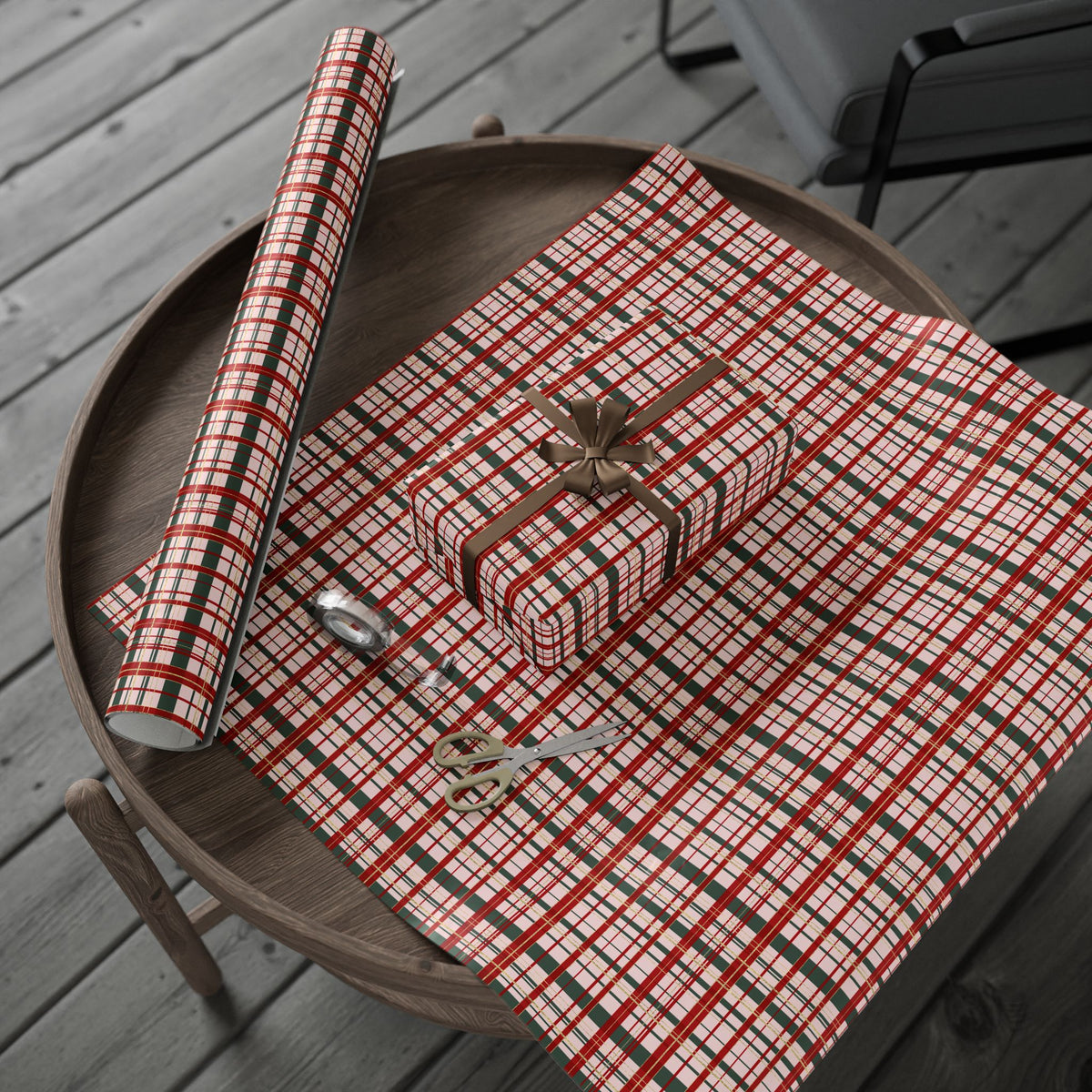 Pink Christmas Plaid Wrapping Paper, Red & Green Tartan with Faux Gold Glitter, Classic Holiday Gift Wrap