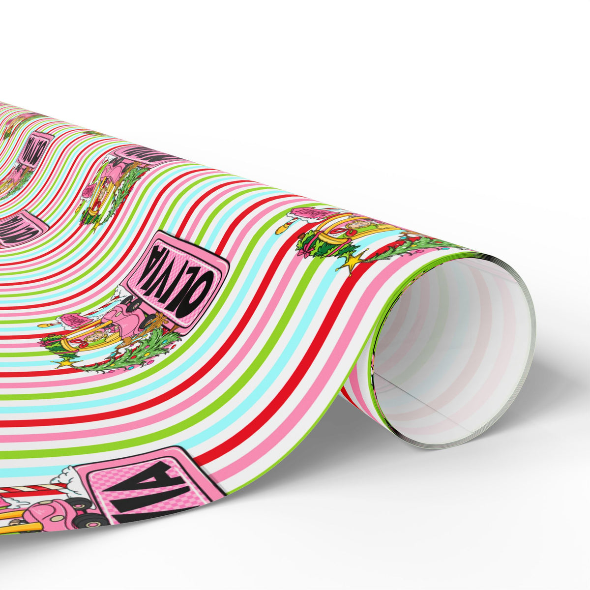 Merry Lou Who Custom Christmas Wrapping Paper, Custom Name Pink Striped Whoville Holiday Gift Wrap