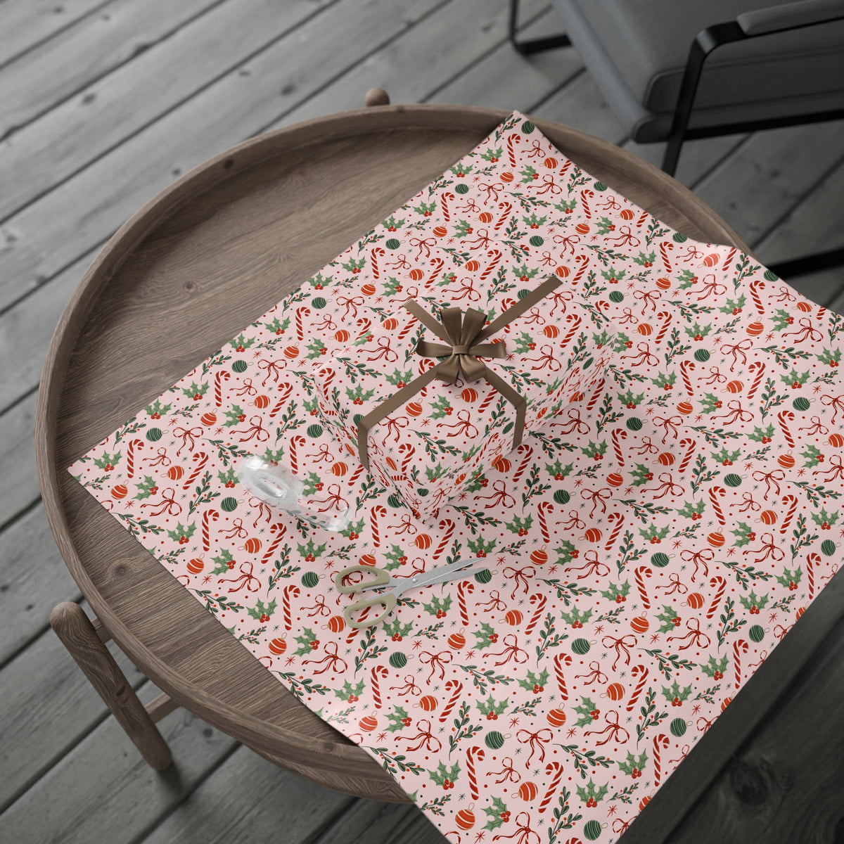 Pink Christmas Wrapping Paper, Candy Canes, Ornaments & Red Bows, Vintage-Inspired Holiday Gift Wrap