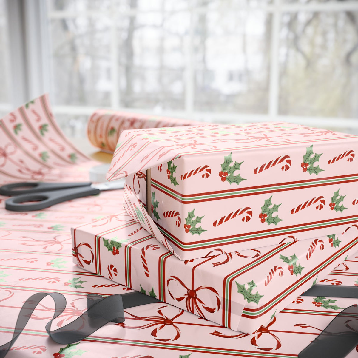 Pink Candy Cane Christmas Wrapping Paper, Red Bows & Holly, Striped Coquette Holiday Gift Wrap
