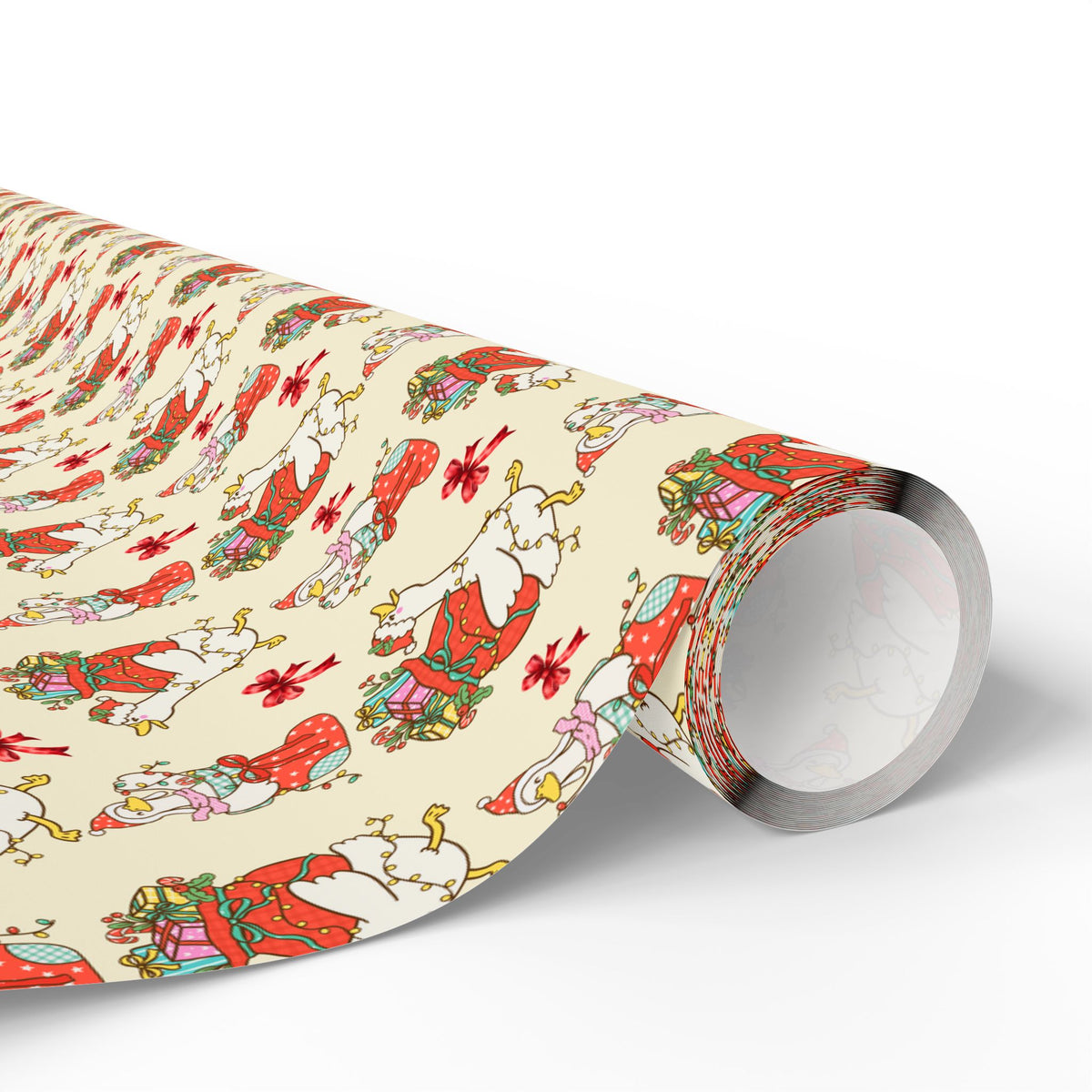 Christmas Goose Wrapping Paper, Cute Geese with Santa Hats, Presents & Red Bows, Whimsical Holiday Gift Wrap