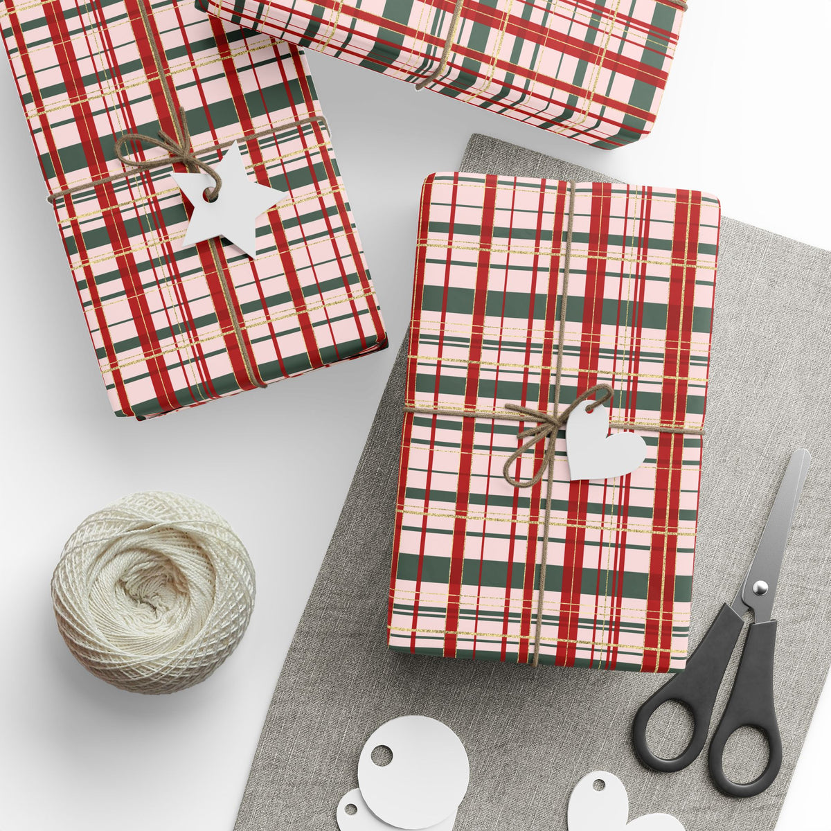 Pink Christmas Plaid Wrapping Paper, Red & Green Tartan with Faux Gold Glitter, Classic Holiday Gift Wrap