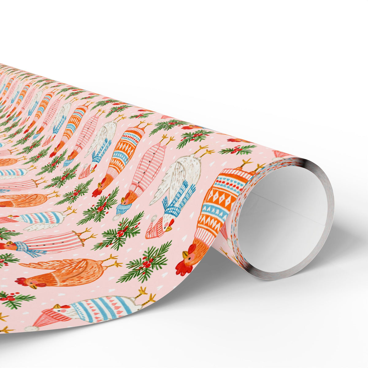 Christmas Chicken Wrapping Paper, Pink Holiday Gift Wrap with Chickens in Sweaters, Cute Farmhouse Christmas Paper