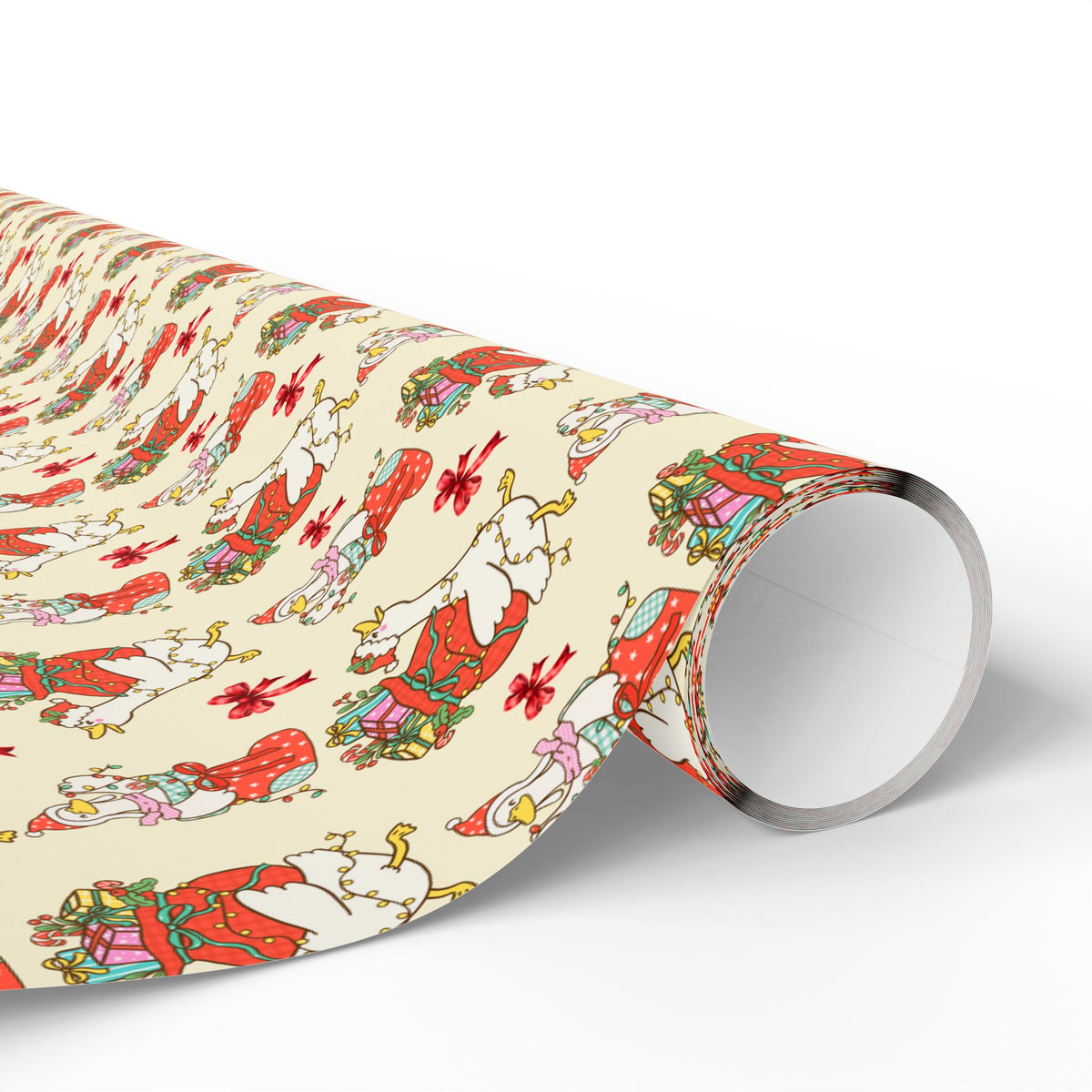 Christmas Goose Wrapping Paper, Cute Geese with Santa Hats, Presents & Red Bows, Whimsical Holiday Gift Wrap