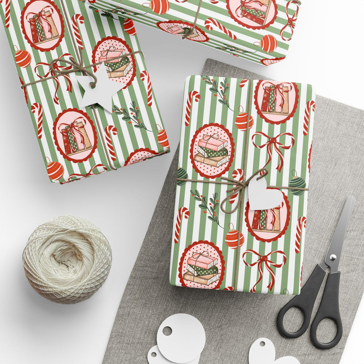 Book Lover Christmas Wrapping Paper, Sage Green Stripes, Festive Books & Bows, Bookish Holiday Gift Wrap
