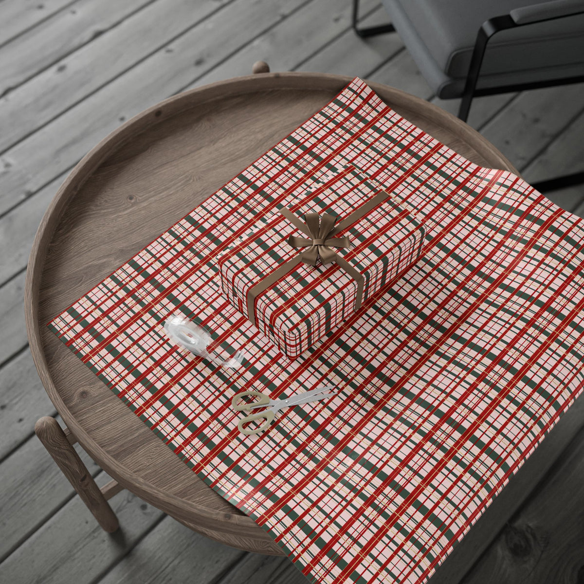 Pink Christmas Plaid Wrapping Paper, Red & Green Tartan with Faux Gold Glitter, Classic Holiday Gift Wrap