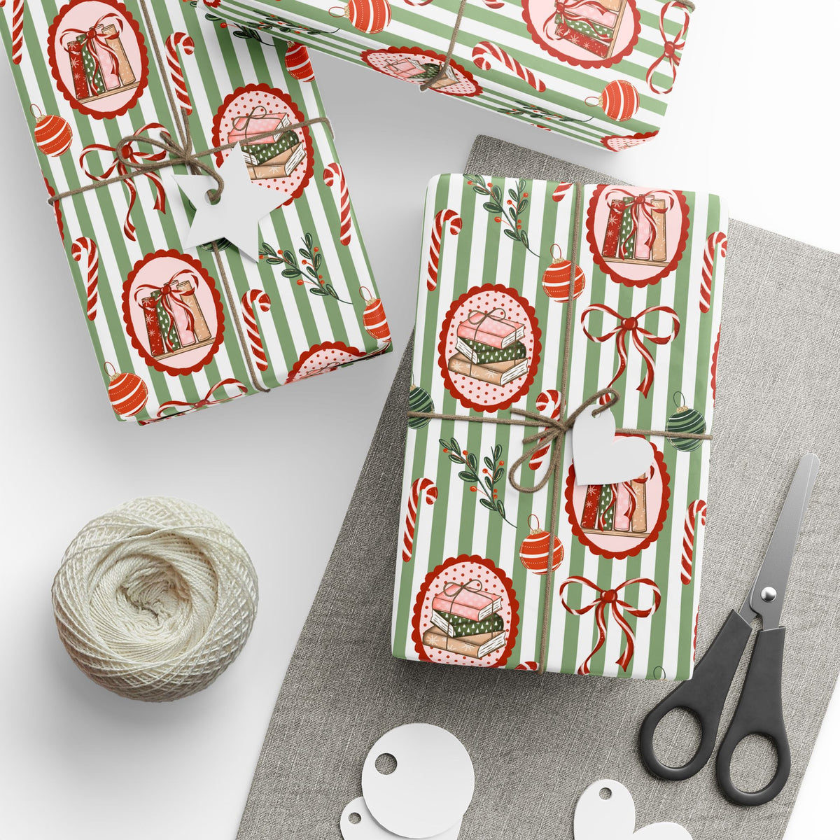 Book Lover Christmas Wrapping Paper, Sage Green Stripes, Festive Books & Bows, Bookish Holiday Gift Wrap