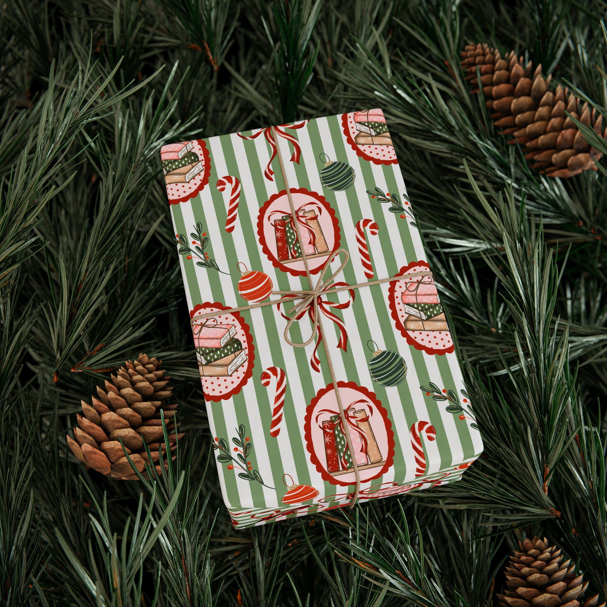 Book Lover Christmas Wrapping Paper, Sage Green Stripes, Festive Books & Bows, Bookish Holiday Gift Wrap