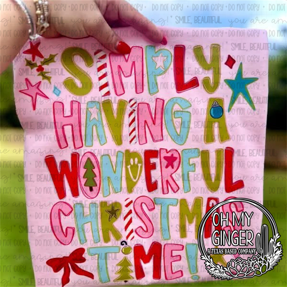 Simply Having A Wonderful Christmas Time — bright Christmas lettering with bows, stars and tree details