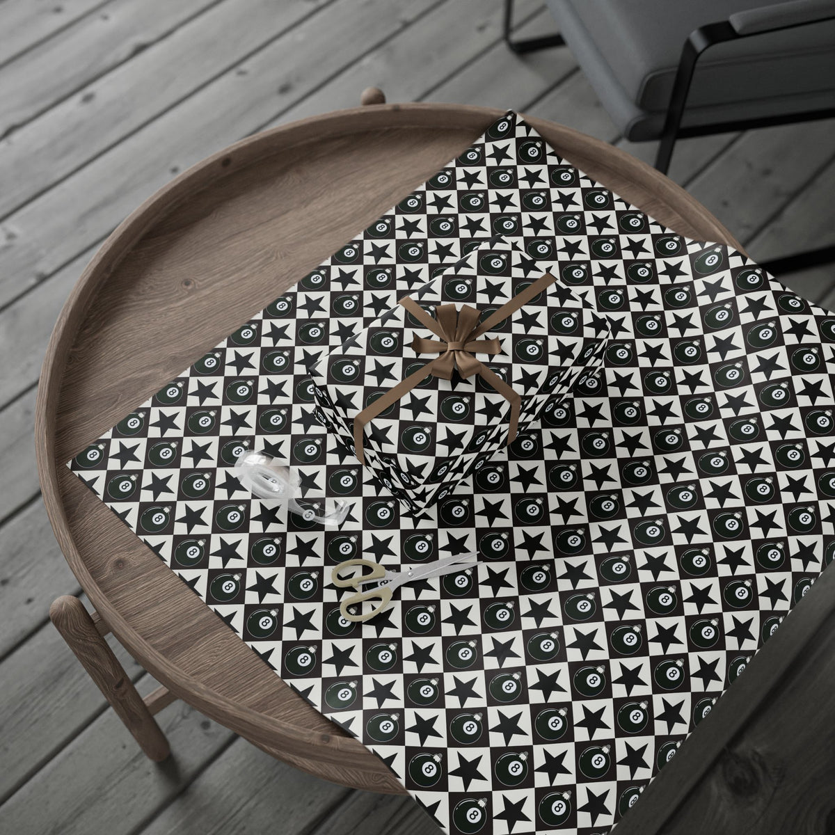 8 Ball Christmas Wrapping Paper, Black & White Ornament Gift Wrap, Stars & Diamonds, Billiards Holiday Paper