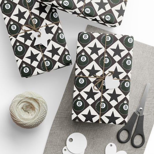 8 Ball Christmas Wrapping Paper, Black & White Ornament Gift Wrap, Stars & Diamonds, Billiards Holiday Paper