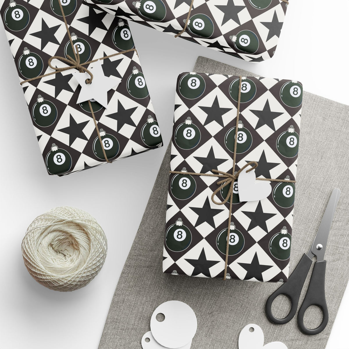 8 Ball Christmas Wrapping Paper, Black & White Ornament Gift Wrap, Stars & Diamonds, Billiards Holiday Paper