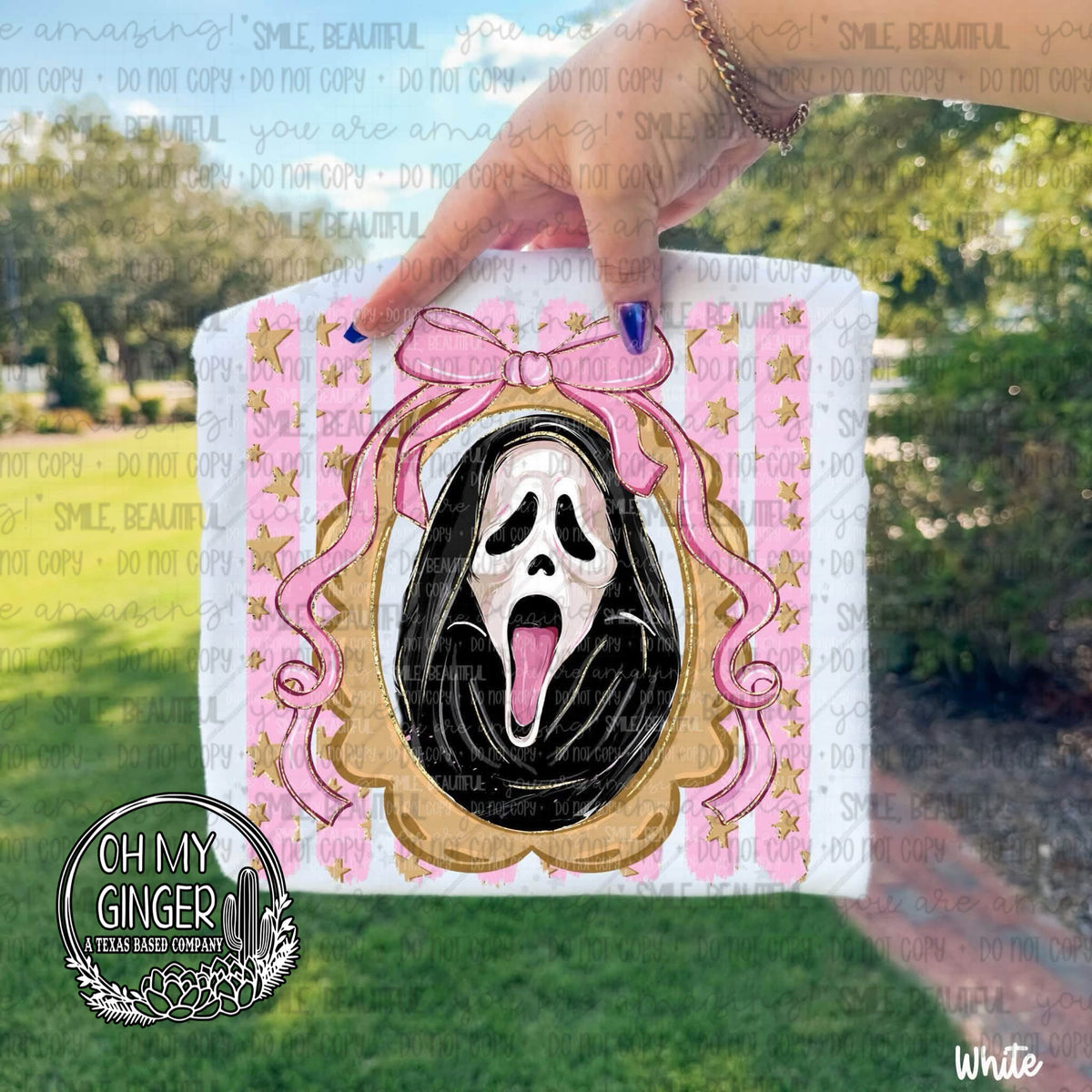 GF Pink Horror Stripes adult apparel design featuring a pink striped horror design featuring a masked slasher-inspired character by Oh My Ginger