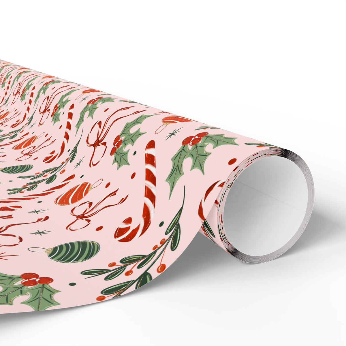 Pink Christmas Wrapping Paper, Candy Canes, Ornaments & Red Bows, Vintage-Inspired Holiday Gift Wrap