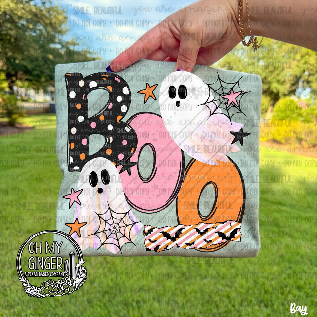 Boo Ghosts Pastel Dots and Stripes adult apparel design featuring pastel Boo ghosts accented with playful dots and stripes by Oh My Ginger