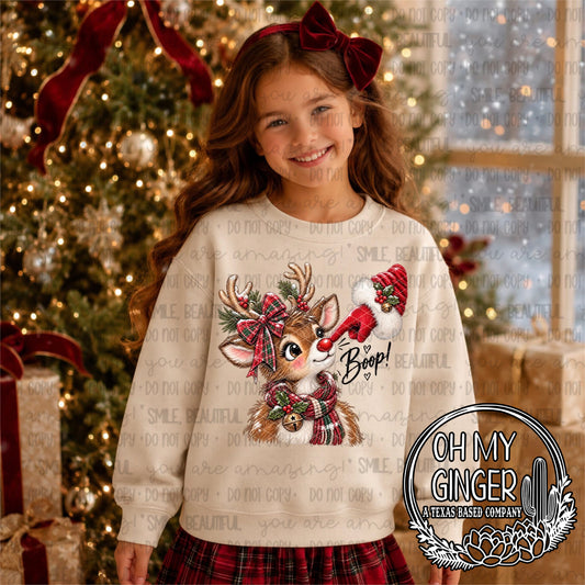 Boop Reindeer - Kids — a festive reindeer with a red nose and boop lettering