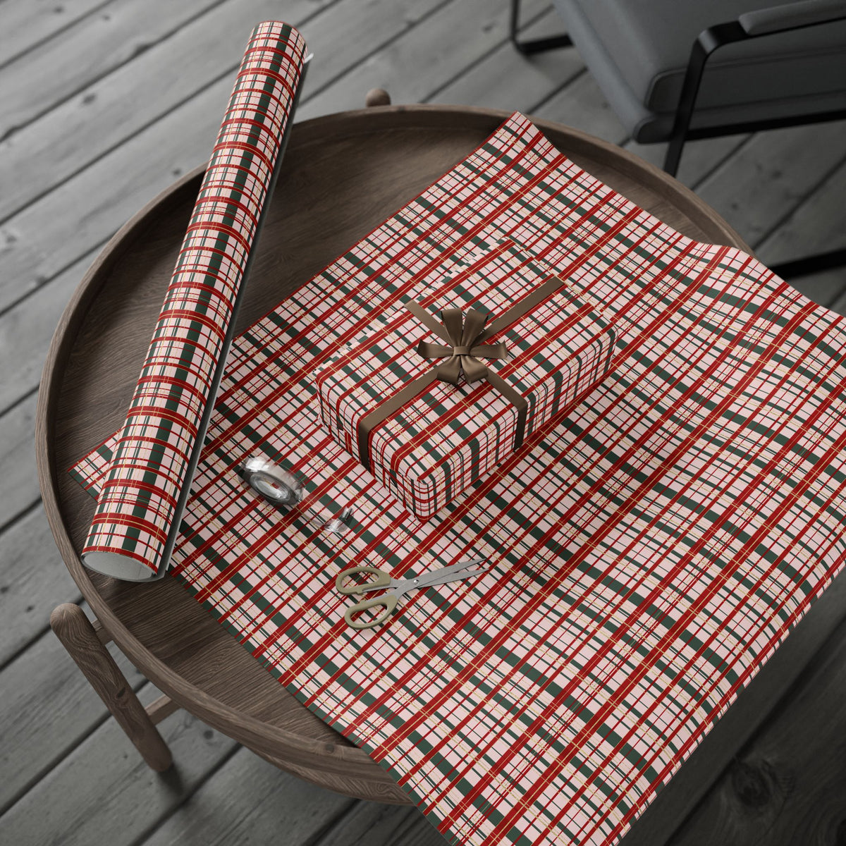 Pink Christmas Plaid Wrapping Paper, Red & Green Tartan with Faux Gold Glitter, Classic Holiday Gift Wrap