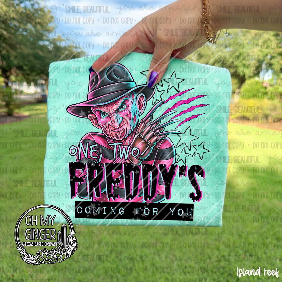 One, Two, Freddy’s Coming For You adult apparel design featuring a nightmare-horror-inspired One, Two, Freddy’s Coming For You design by Oh My Ginger