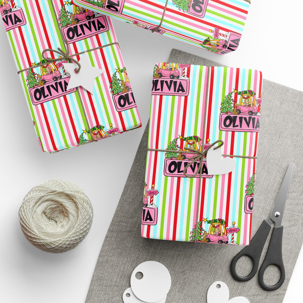 Merry Lou Who Custom Christmas Wrapping Paper, Custom Name Pink Striped Whoville Holiday Gift Wrap