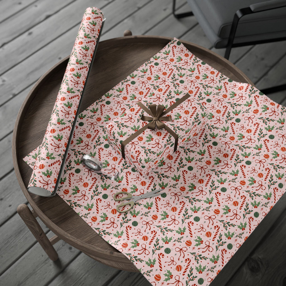 Pink Christmas Wrapping Paper, Candy Canes, Ornaments & Red Bows, Vintage-Inspired Holiday Gift Wrap