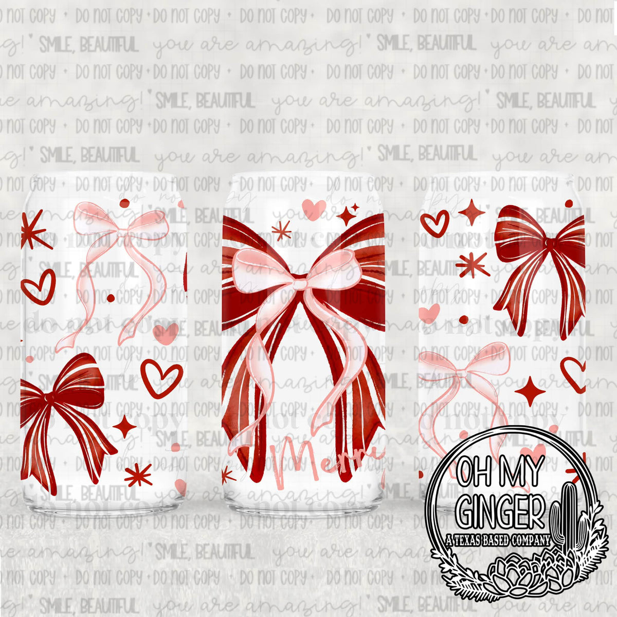 Merry Bows Glass Can — red striped bows, hearts and delicate holiday doodles